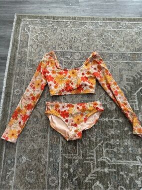 art class Girls Floral Long Sleeve Bikini Set - Orange, Yellow & White